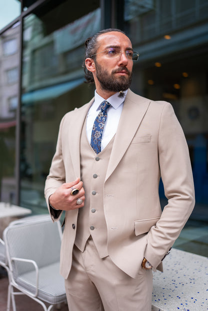 Brabion Perry Beige Slim Fit Peak Lapel 3 Piece Suit