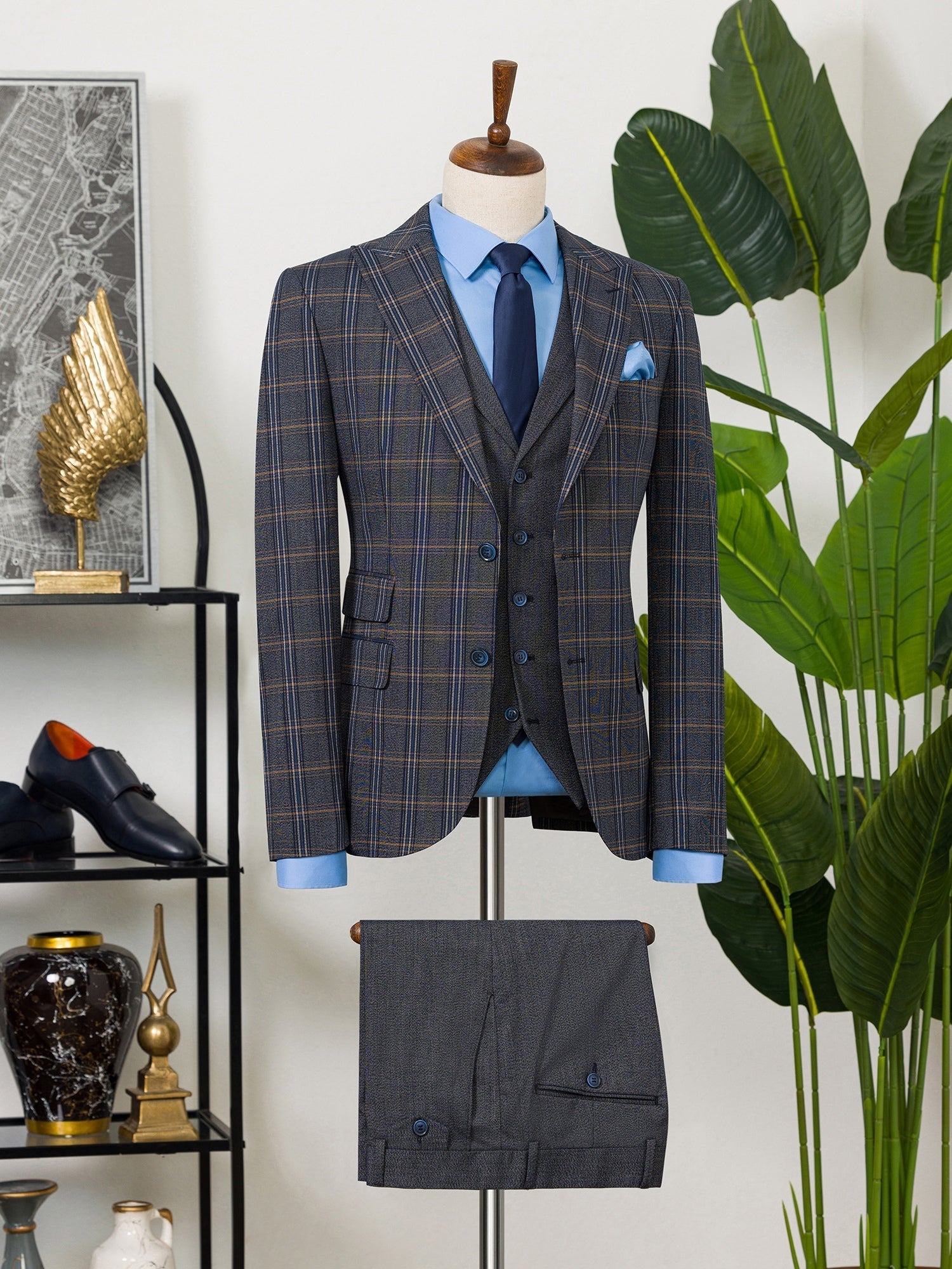 Navy Plaid Slim-Fit Suit 3-Piece VIOSSI