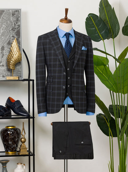 Dark Navy Plaid Slim-Fit Suit 3-Piece VIOSSI