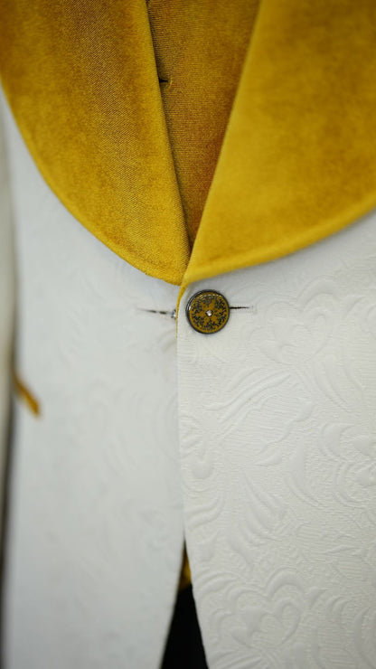 Fiore White Yellow Slim Fit Velvet Shawl Lapel Tuxedo