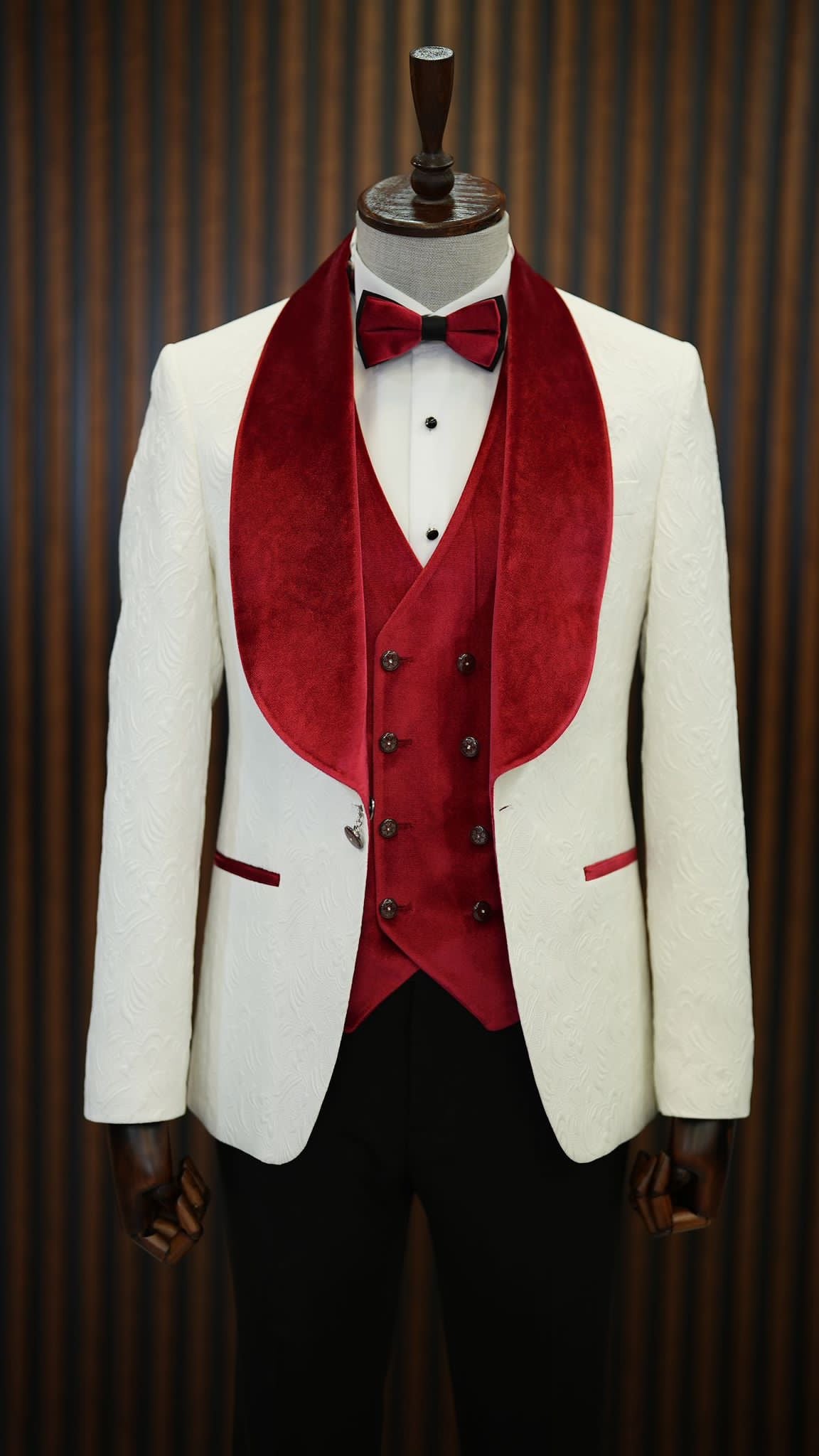 Fiore White Red Slim Fit Velvet Shawl Lapel Tuxedo