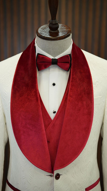 Fiore White Red Slim Fit Velvet Shawl Lapel Tuxedo