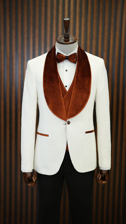 Fiore White Brown Slim Fit Velvet Shawl Lapel Tuxedo