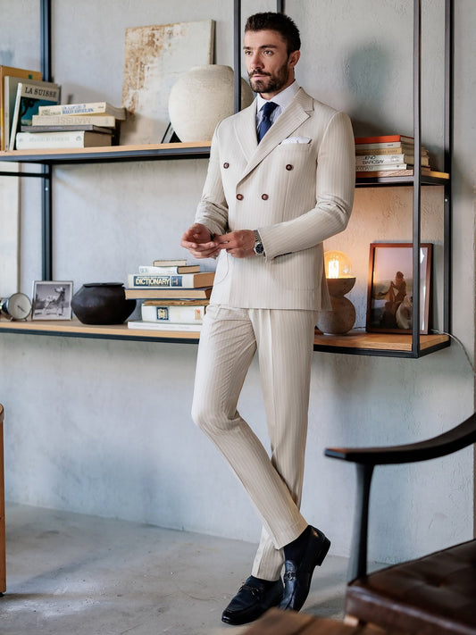 Beige Striped Double Breasted Suit 2-Piece VIOSSI