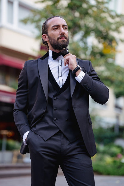 Ardean Black Slim Fit Velvet Peak Lapel Tuxedo