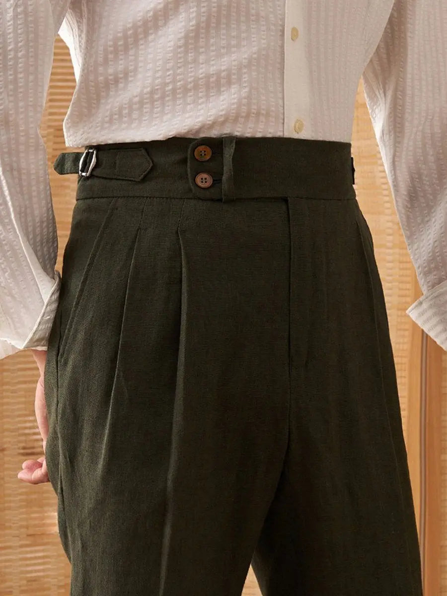 Men's High-Waisted Pleated Linen Trousers