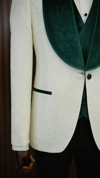 Fiore White Green Slim Fit Velvet Shawl Lapel Tuxedo