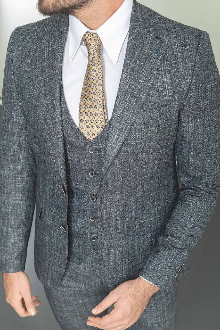 Brabion Rocco Gray Slim Fit Notch Lapel 3 Piece Crosshatch Suit