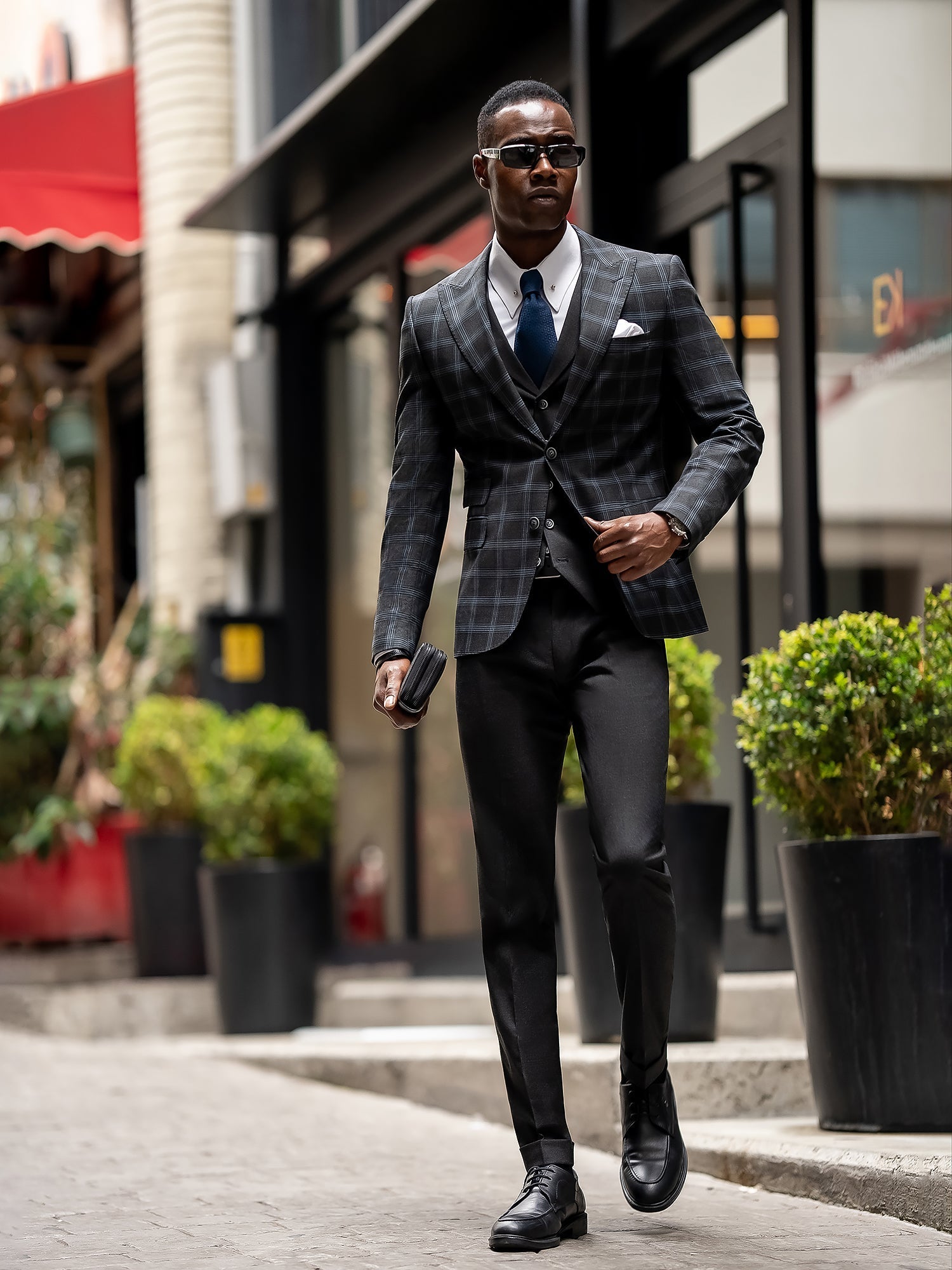 Dark Navy Plaid Slim-Fit Suit 3-Piece VIOSSI