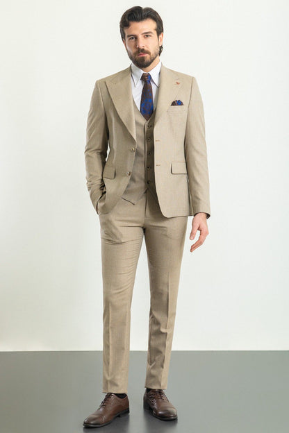 Brabion Rocco Beige Slim Fit Peak Lapel 3 Piece Suit