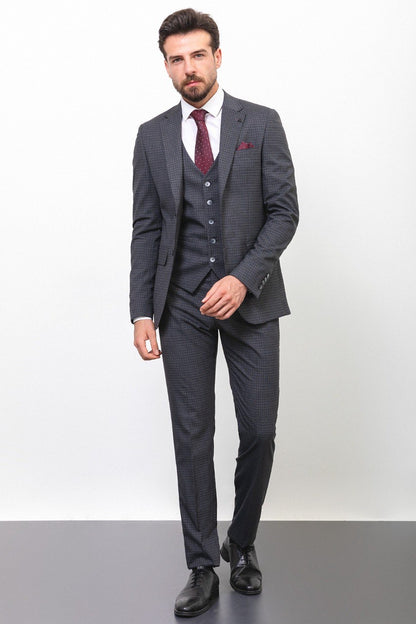 Brabion Rocco Dark Gray Slim Fit Peak Lapel 3 Piece Check Suit