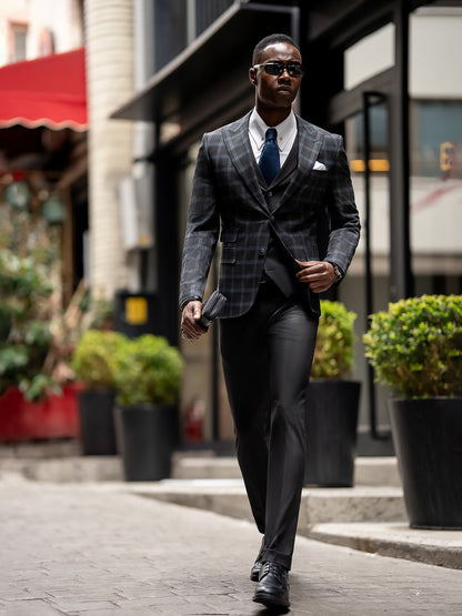 Dark Navy Plaid Slim-Fit Suit 3-Piece VIOSSI