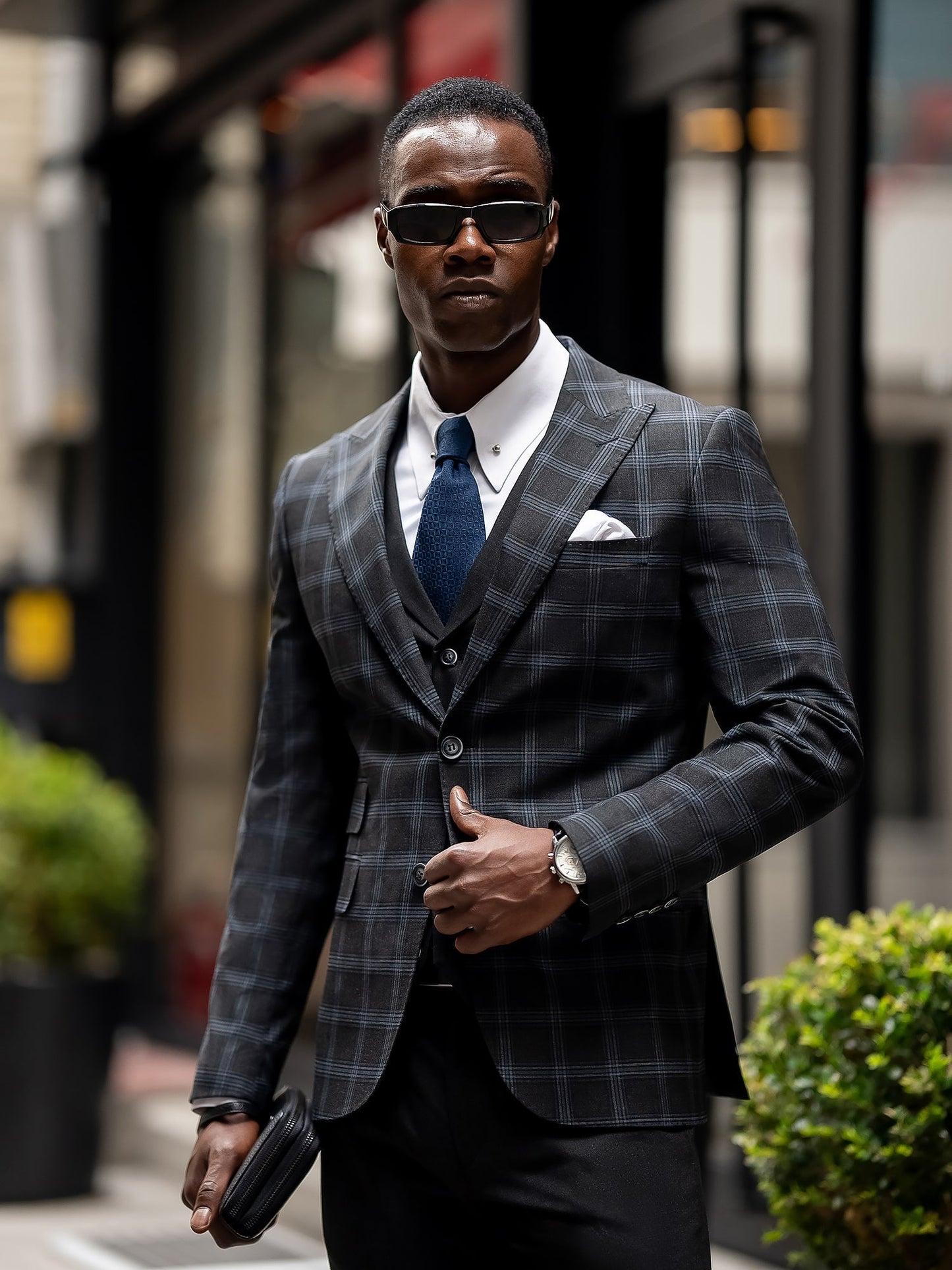 Dark Navy Plaid Slim-Fit Suit 3-Piece VIOSSI