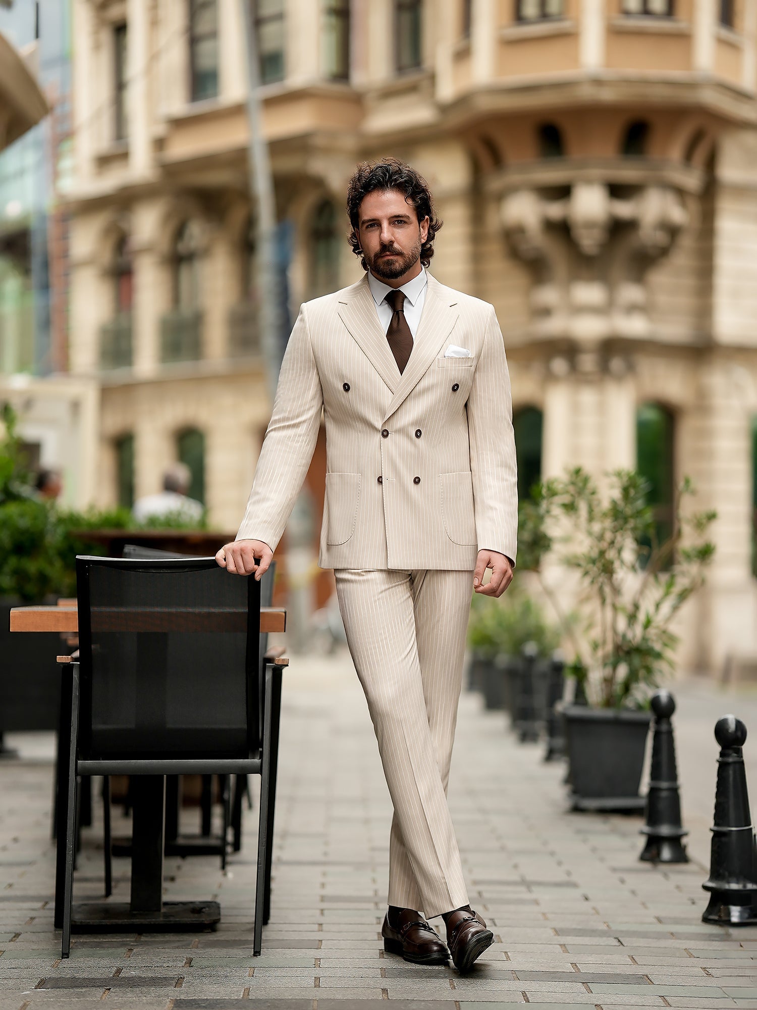 Beige Striped Double Breasted Suit 2-Piece VIOSSI
