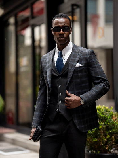 Dark Navy Plaid Slim-Fit Suit 3-Piece VIOSSI