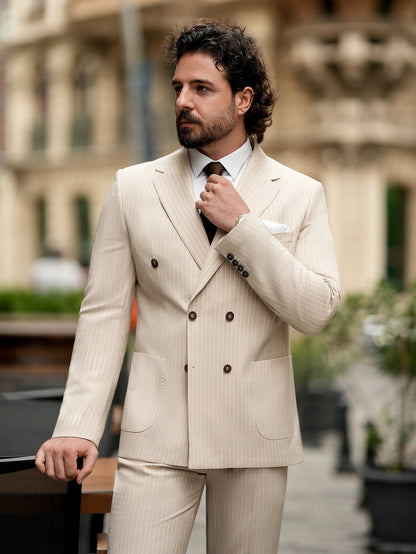 Beige Striped Double Breasted Suit 2-Piece VIOSSI