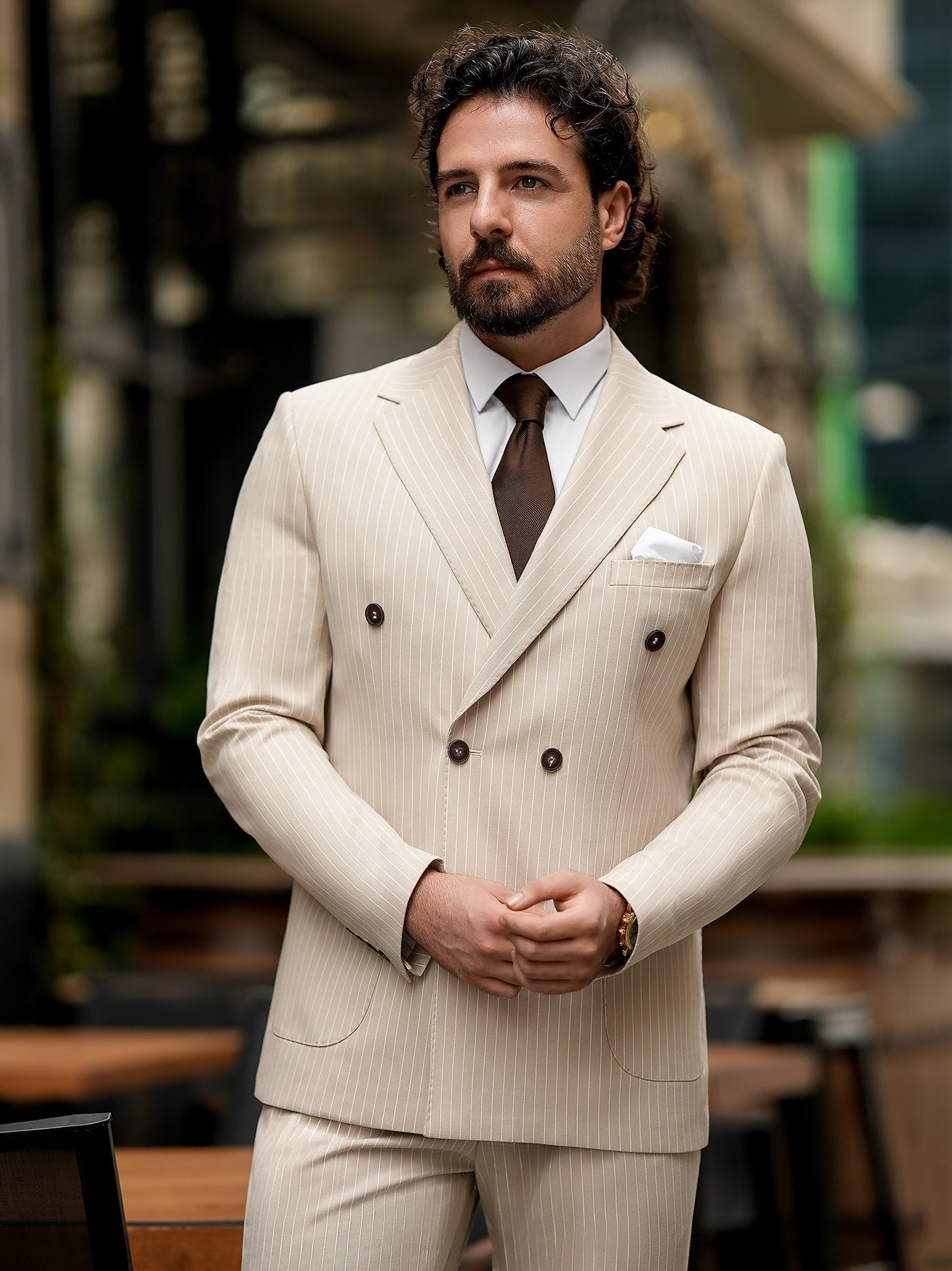 Beige Striped Double Breasted Suit 2-Piece VIOSSI