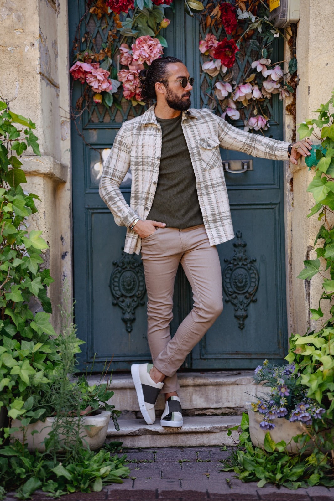 Brabion Paris Beige Green Slim Fit Plaid Shirt