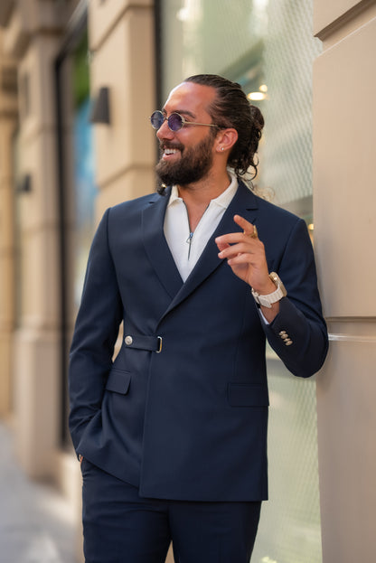 Brabion Alonso Navy Blue Slim Fit Double Breasted Buckle Suit