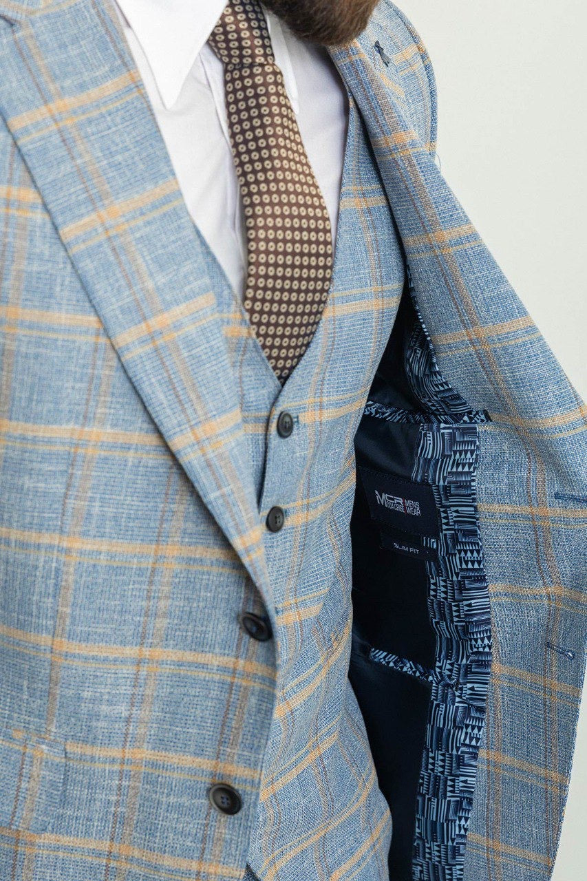 Brabion Rocco Blue Slim Fit Notch Lapel 3 Piece Plaid Suit