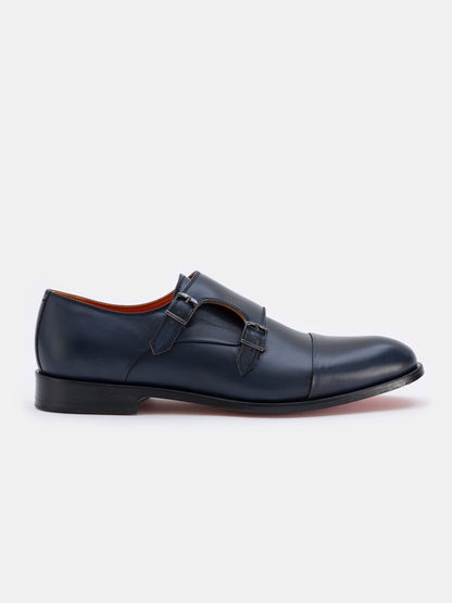 Navy Leather Double Monk Strap Shoes VIOSSI