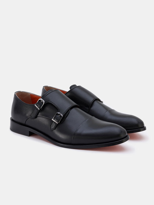Black Leather Double Monk Strap Shoes VIOSSI