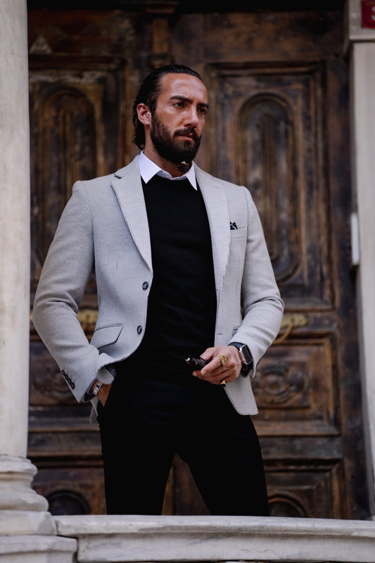 Paris Gray Slim Fit Striped Linen Blazer