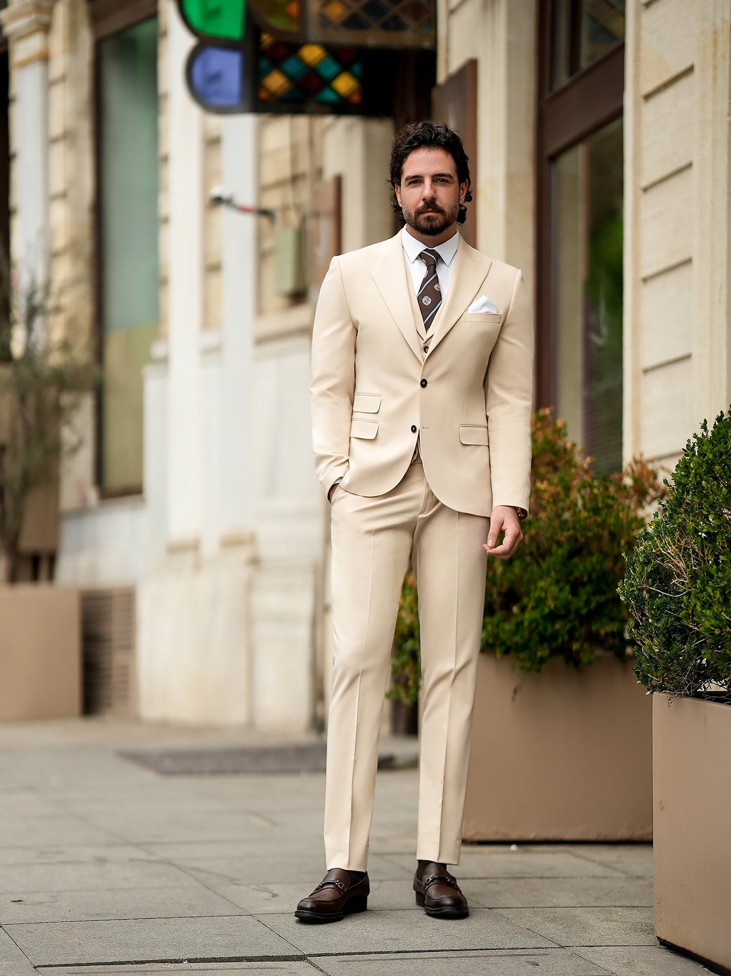 Beige Slim-Fit Suit 3-Piece VIOSSI