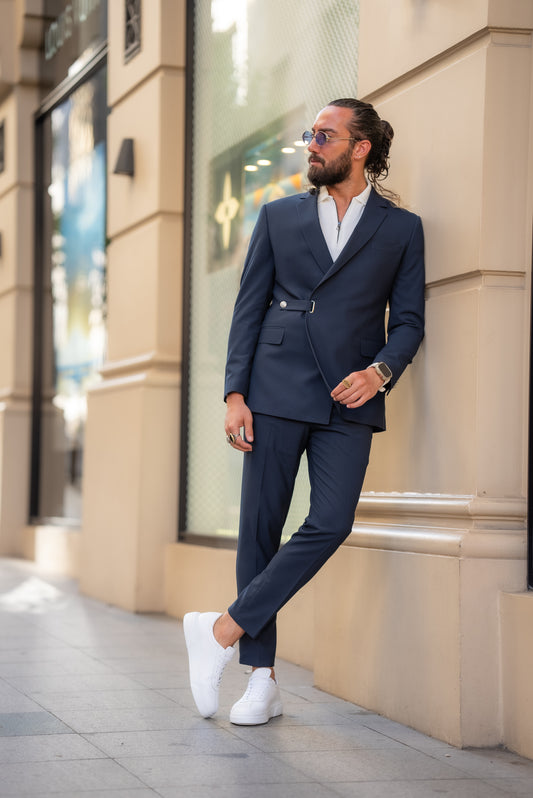 Brabion Alonso Navy Blue Slim Fit Double Breasted Buckle Suit