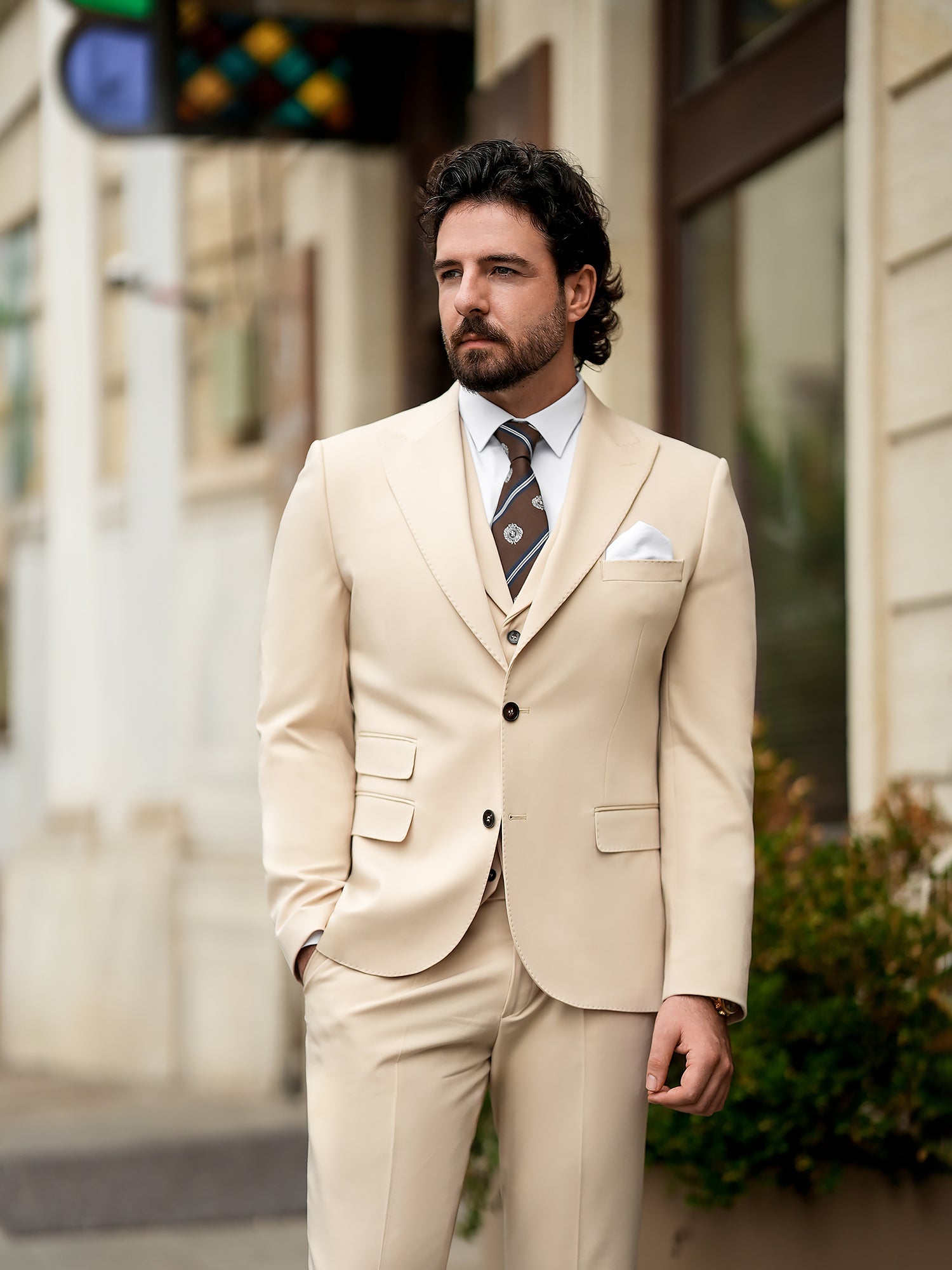 Beige Slim-Fit Suit 3-Piece VIOSSI