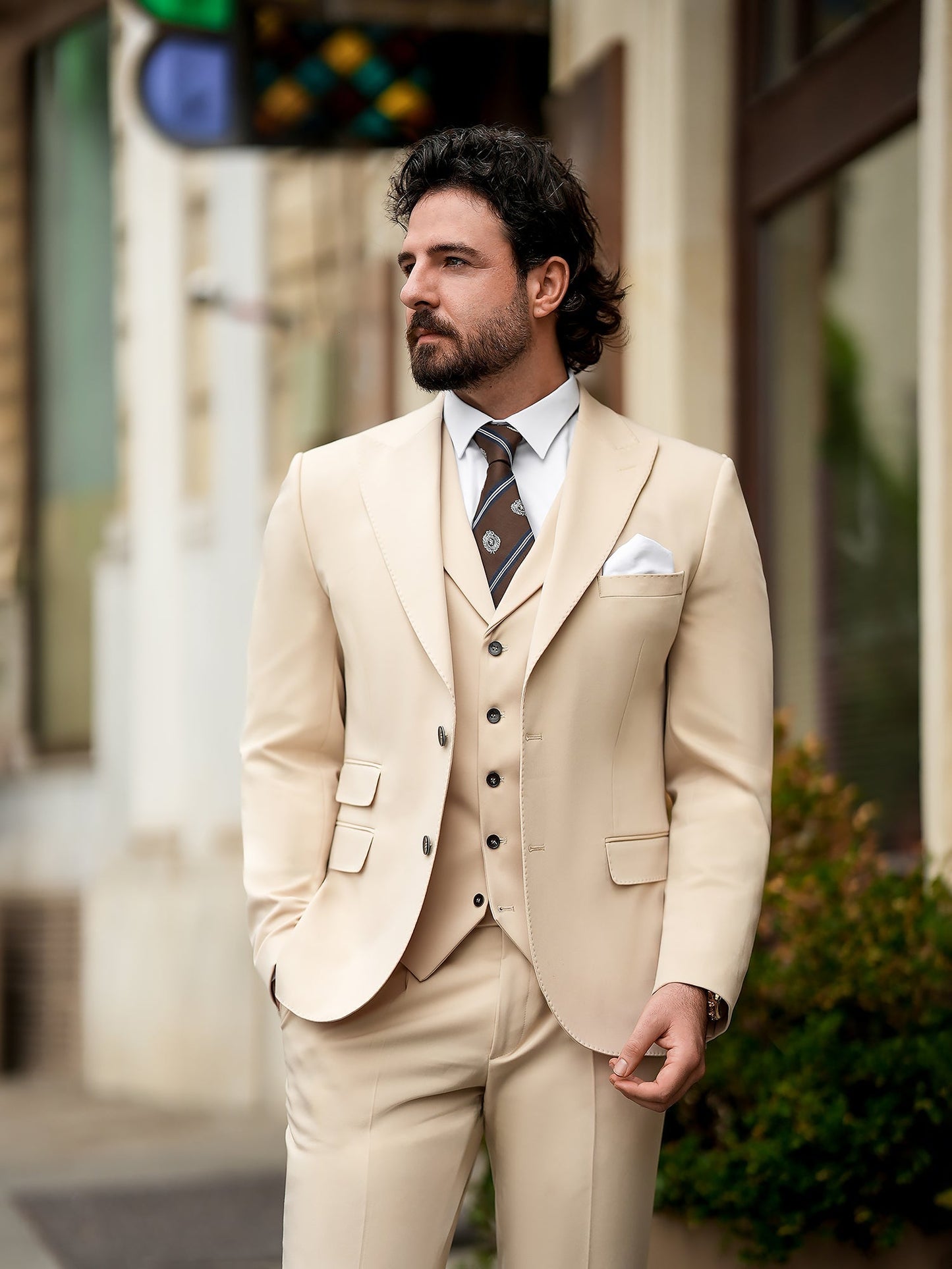 Beige Slim-Fit Suit 3-Piece VIOSSI