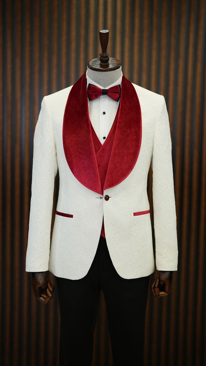 Fiore White Red Slim Fit Velvet Shawl Lapel Tuxedo