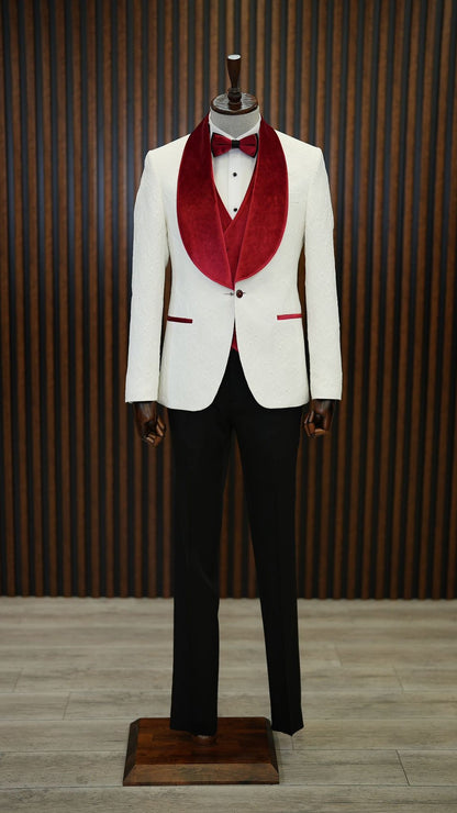 Fiore White Red Slim Fit Velvet Shawl Lapel Tuxedo