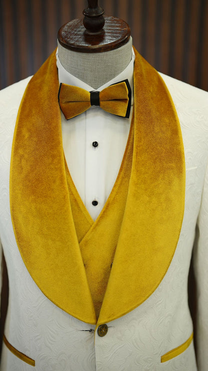 Fiore White Yellow Slim Fit Velvet Shawl Lapel Tuxedo