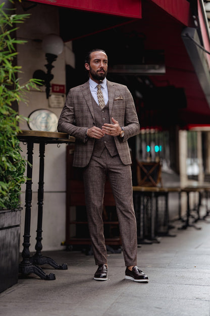 Paris Brown Slim Fit Notch Lapel 3 Piece Plaid Suit for Modern Men