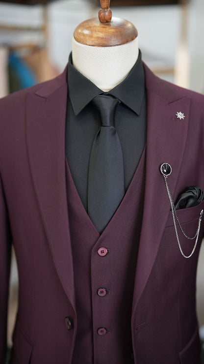 Paul Burgundy Slim Fit 3 Piece Peak Lapel Suit
