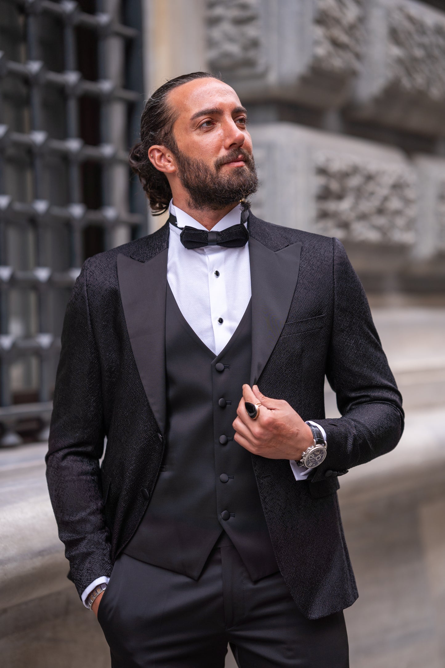 Brabion Massimo Black Slim Fit Peak Lapel Patterned Tuxedo