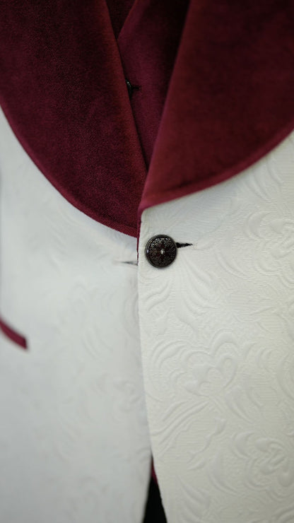 Fiore White Burgundy Slim Fit Velvet Shawl Lapel Tuxedo