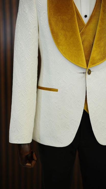 Fiore White Yellow Slim Fit Velvet Shawl Lapel Tuxedo