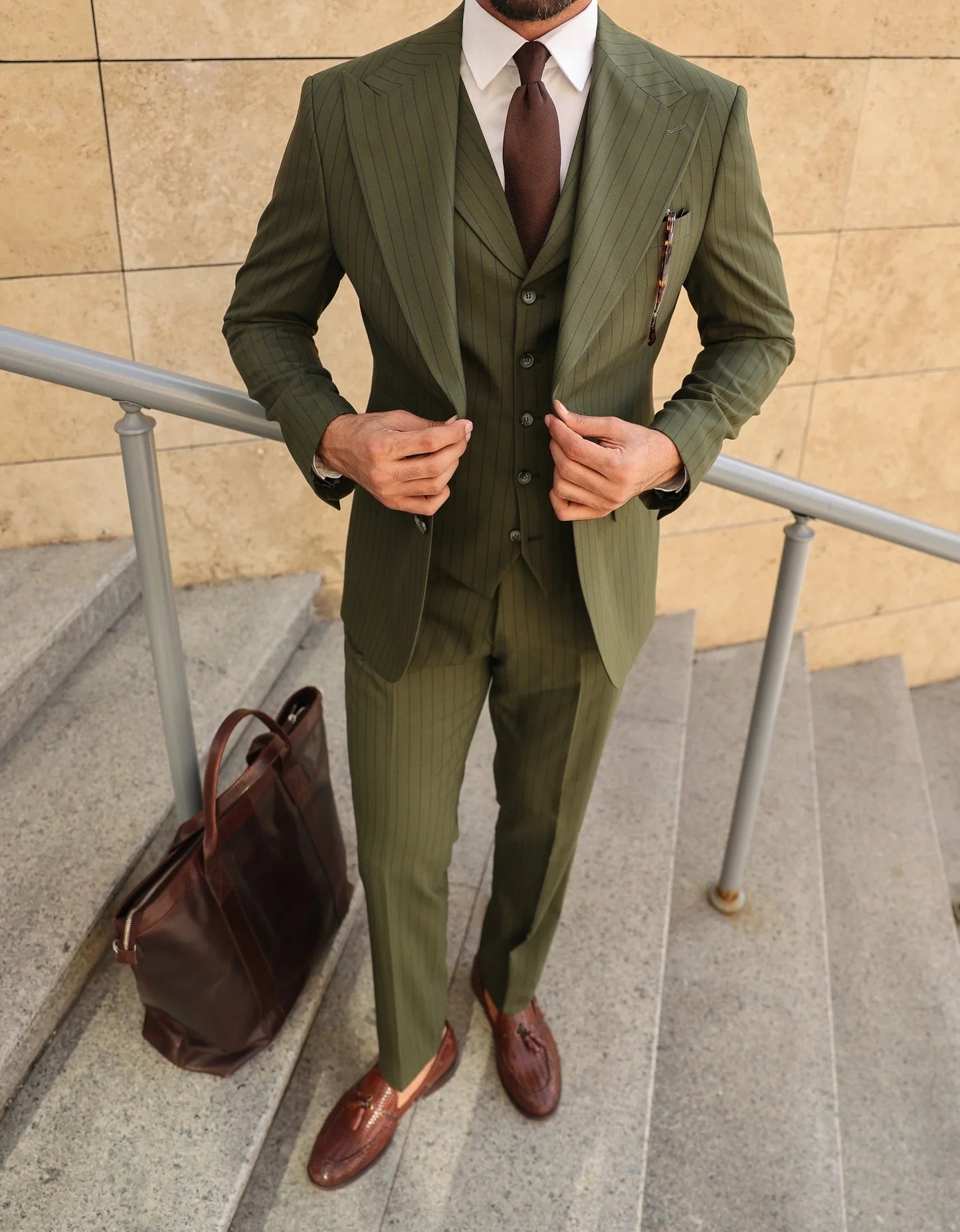Khaki Striped Slim-Fit Suit 3-Piece VIOSSI