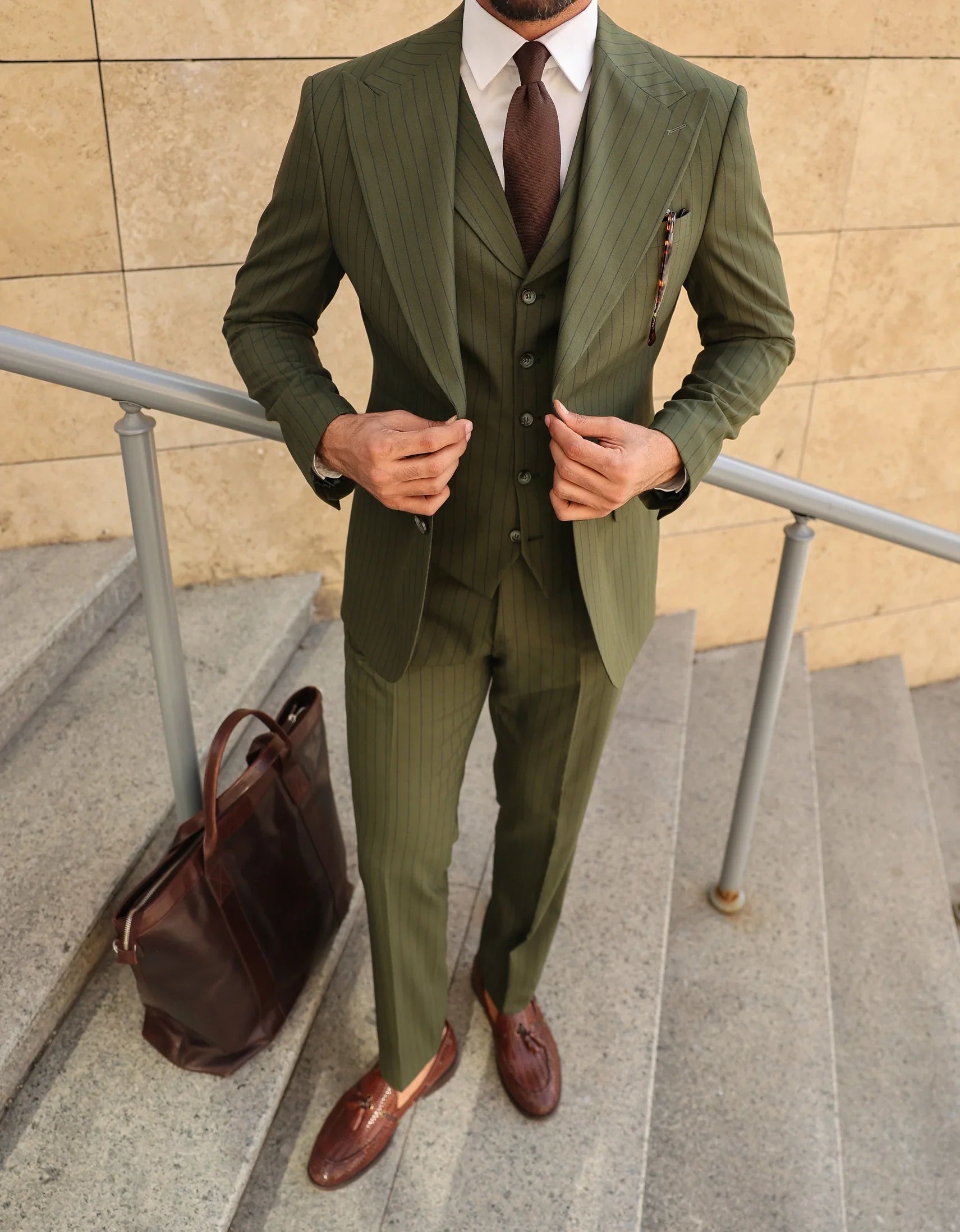 Khaki Striped Slim-Fit Suit 3-Piece VIOSSI