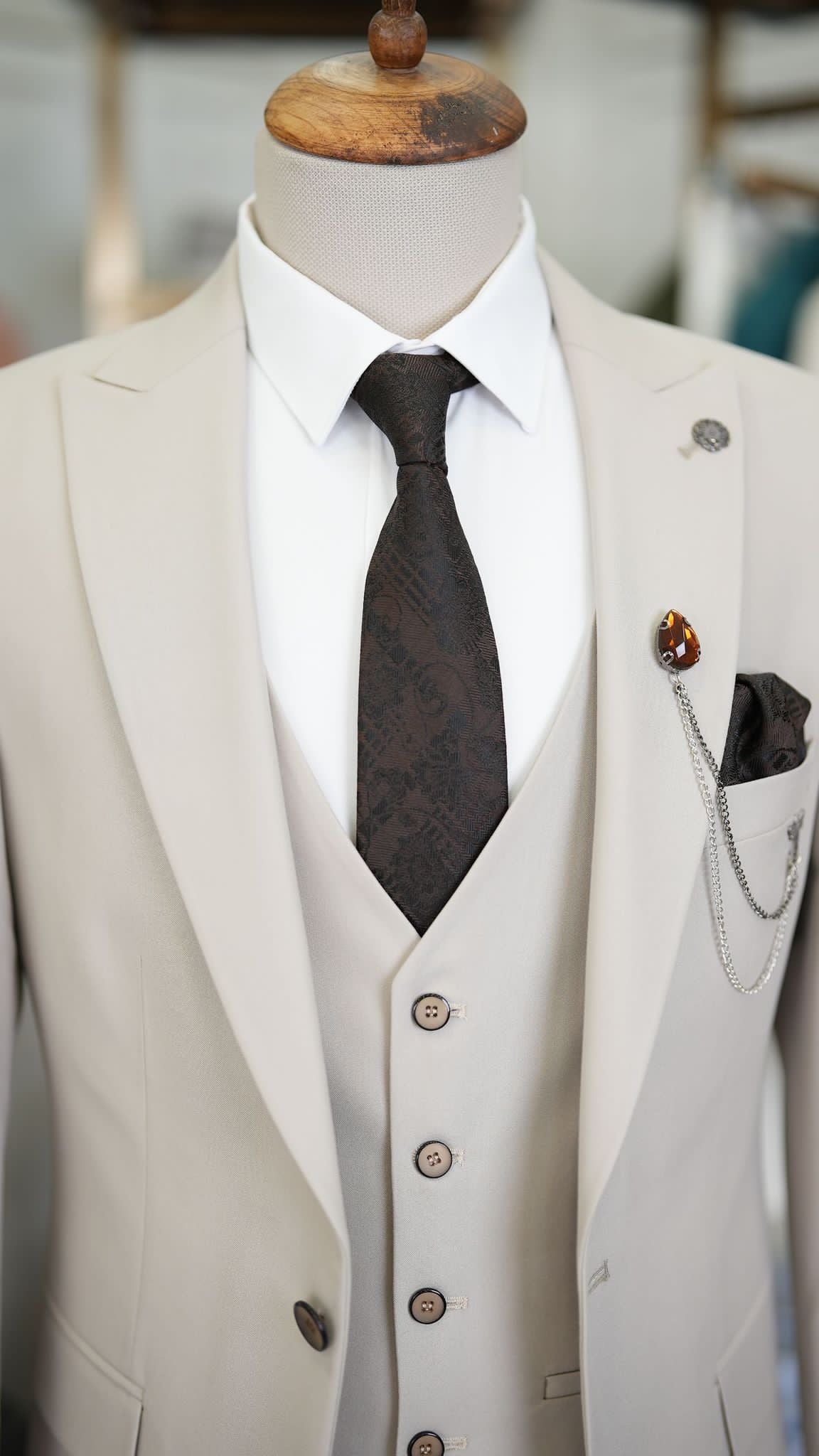 Paul Beige Slim Fit 3 Piece Peak Lapel Suit
