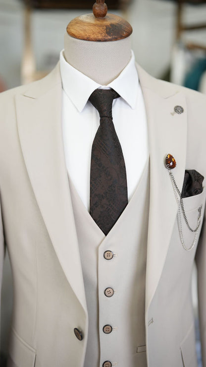 Paul Beige Slim Fit 3 Piece Peak Lapel Suit
