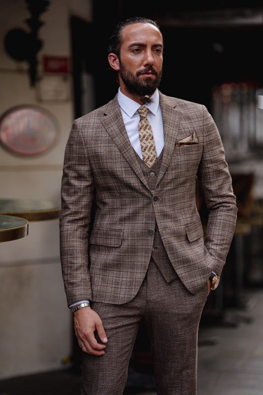 Paris Brown Slim Fit Notch Lapel 3 Piece Plaid Suit for Modern Men