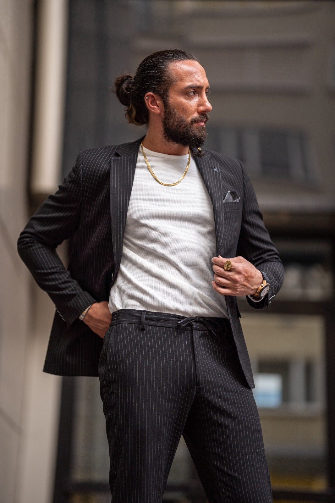 Ardean Black Slim Fit Notch Lapel Pinstripe Suit