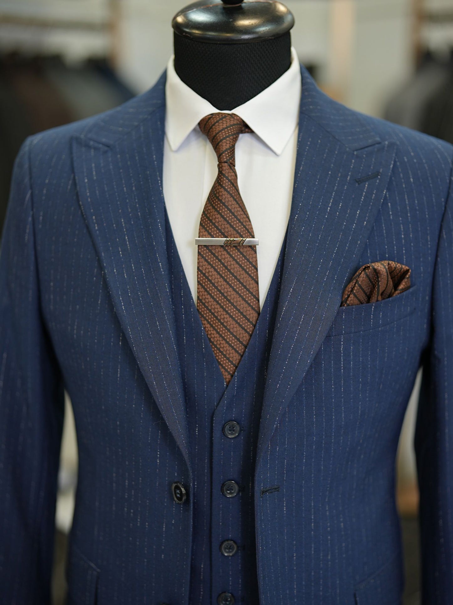 Brabion Maison Navy Blue Slim Fit Striped Suit