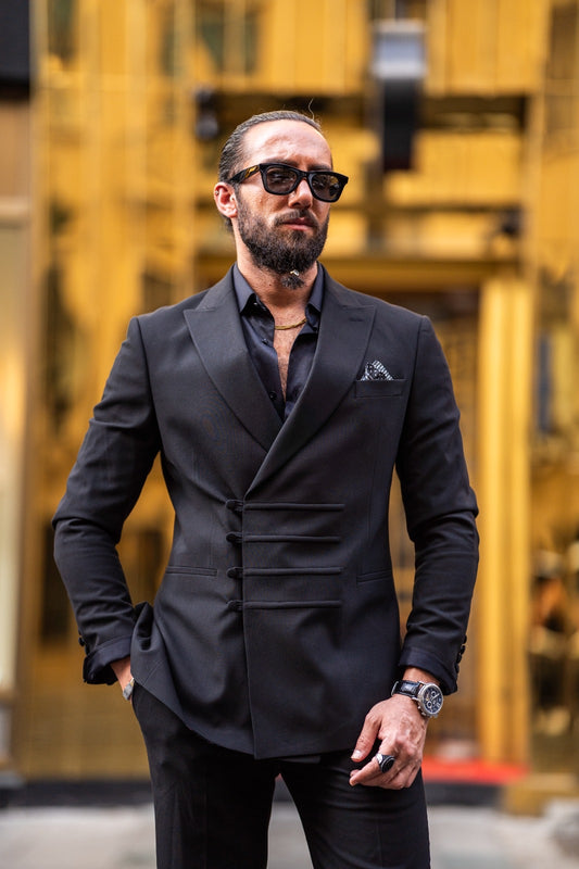 Ardean Black Slim Fit Peak Lapel Double Breasted Suit - Elevate Your Style