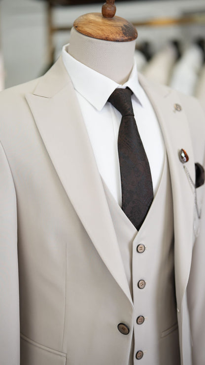 Paul Beige Slim Fit 3 Piece Peak Lapel Suit