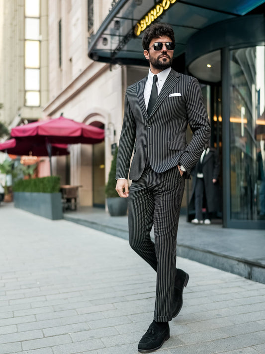 Black Striped Slim-Fit Suit 3-Piece VIOSSI