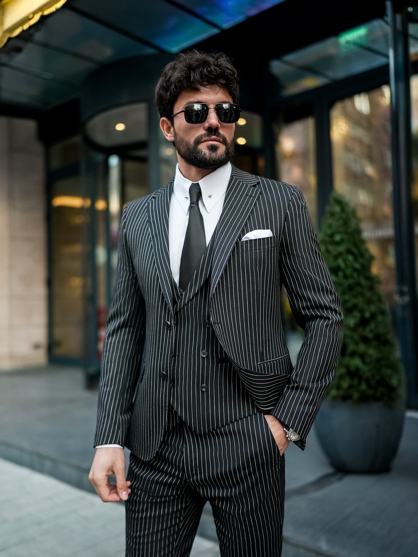 Black Striped Slim-Fit Suit 3-Piece VIOSSI